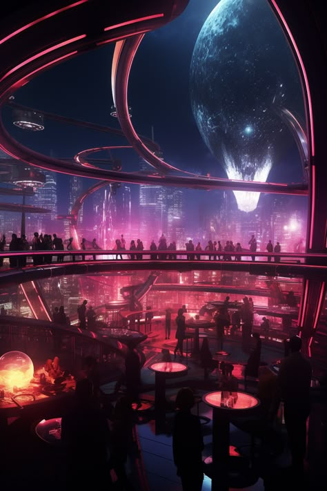 Sci Fi Nightclub, Cyberpunk Club, Futuristic Club, Dream Ideas, Quantum Entanglement, Photo Prompts, Hotel Concept, School Murals, Arte Cyberpunk