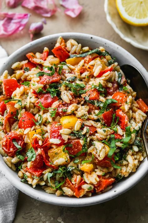 Warm Mediterranean Orzo Pasta Salad | Walder Wellness, RD Mexican Orzo, Mediterranean Orzo Pasta, Mediterranean Orzo Pasta Salad, Walder Wellness, Mediterranean Orzo Salad, Mediterranean Orzo, Feta Pasta Salad, Orzo Salad Recipes, Healthy Whole Food Recipes