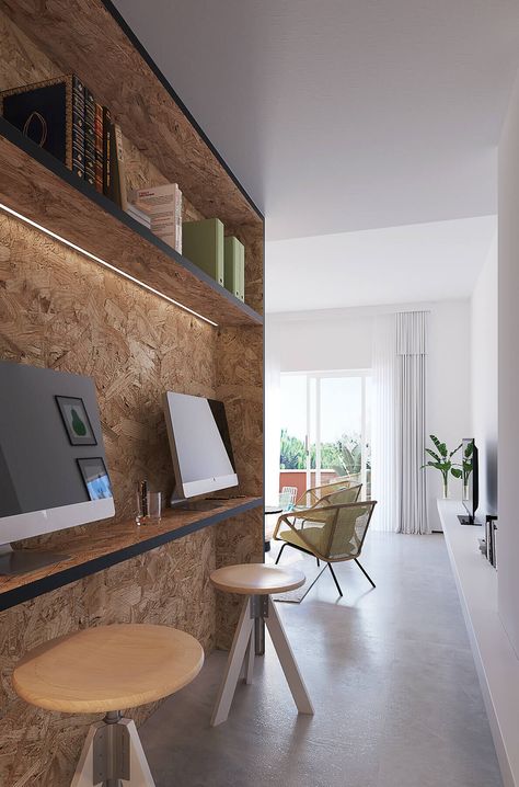 005-osb-oriented-rm-architecture | HomeAdore Osb Plywood, Osb Board, Home Office Library, Office Moving, Home Id, Industrial Interiors, Cupboard Design, Home Office Setup, Office Interior Design