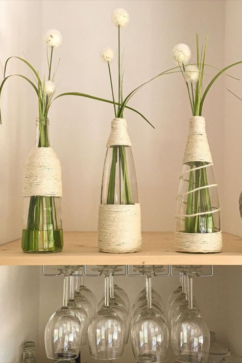 DIY Recycled Vase Bottles Wine Bottle As Vase, Recycle Glass Bottles, New Bedroom Ideas, Cozy Cubicle, Wine Bottle Vase, Blob Mirror, Beer Bottle Art, Glass Bottle Decor, Perfect Laundry Room