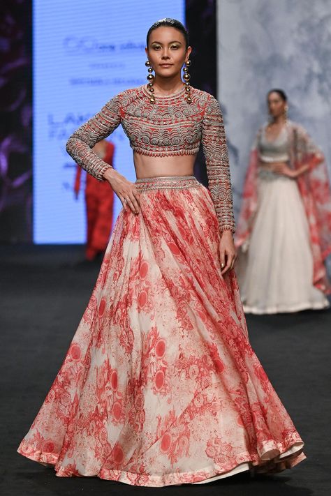 Buy Bhumika Sharma Organza Blossom Print Skirt And Embroidered Blouse Set Online | Aza Fashions Bhumika Sharma, Round Skirt, Floral Printed Skirt, Lehenga And Blouse, Bow Tie Blouse, Print And Embroidery, Organza Skirt, Cocktail Outfit, Red Bow Tie