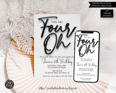 The Big Four Oh Birthday Digital 40th Birthday Invitation - Etsy Australia The Big Four Oh, Fonts For Invitations, 40th Birthday Party Themes, 40th Birthday Themes, Birthday Minimalist, 40th Bday Ideas, Birthday Invitation Card Template, 40th Birthday Party Decorations, 40th Birthday Party Invites