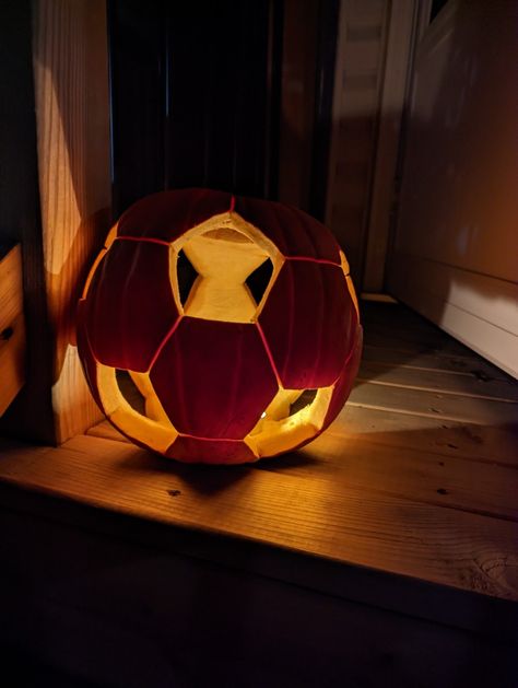 Pumpkin Soccer Ball, Soccer Ball Pumpkin Carving, Soccer Pumpkin Carving Ideas, Pumpkin Carving Ideas Sports, Soccer Pumpkin Carving, Hockey Pumpkin Carving Ideas, Volleyball Pumpkin Carving, Soccer Ball Pumpkin, Hockey Pumpkin Carving