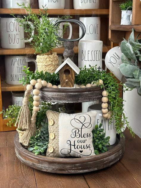 Farmhouse tiered tray decor mini pillow. Rae Dunn Display. #Coffee Bar #kitchen decor #farmhouse decor Small Tiered Tray Decor, Coffee Stations, Farmhouse Tray, Coffee Bars In Kitchen, Coffee Bars, Tray Ideas, Rae Dunn Kitchen, Herb Pots, Living Room Pillows