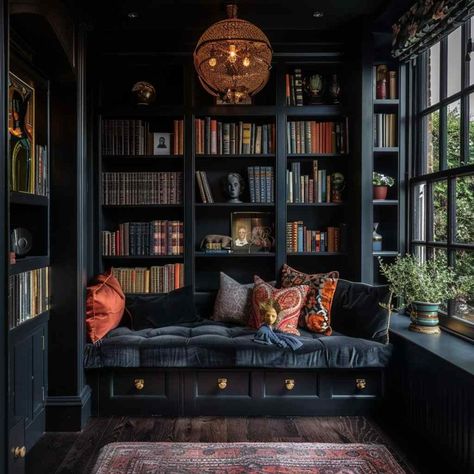 31 Reading Nooks Cloaked in Gothic Grandeur (Concept Interiors) Gothic Bookshelves, Reading Room Design, Cozy Home Library, Home Library Rooms, Gothic Interior, Home Library Design, Reading Nooks, Gothic Design, Home Libraries