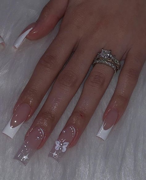 Butterfly French Tip Nails, Butterfly French Tip, Sweet 16 Nails, Acrylic Nail Designs Coffin, Quinceanera Nails, Formal Ideas, Designs For Short Nails, Milky Nails, Girly Acrylic Nails