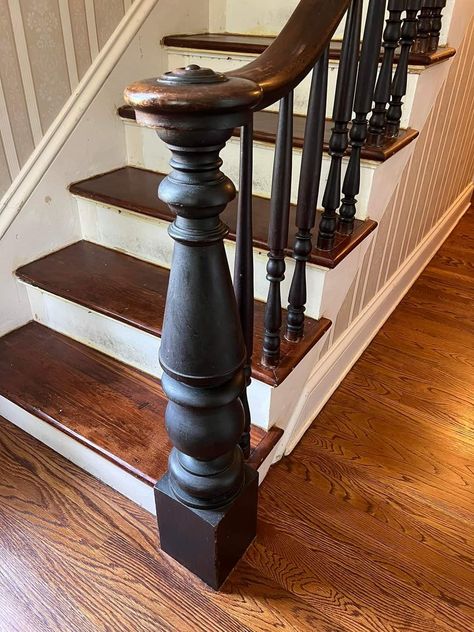 Vintage Stair Railing, French Staircase, Silo Ideas, Victorian Stairs, Flip This House, Railing Makeover, Stair Newel Post, Stair Railing Makeover, Basement Staircase