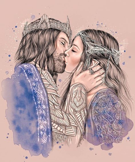 art by @_lauilustra_ on insta. Arwen Undomiel, Aragorn And Arwen, Kissing Drawing, Epic Drawings, Tolkien Elves, Middle Earth Art, Color Drawing Art, Tolkien Art, Star Wars Characters Pictures