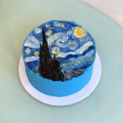 Van Gogh Cake, Starry Night Cake, Gogh Cake, Prom Cake, Starrynight Vangogh, Lemon Raspberry Cake, Cafe Cake, Fun Cakes, Instagram Painting