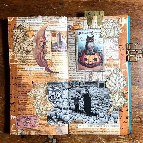 #halloween art journal page 🎃🍂🍁📷 @bellelovespaper • • • • •⠀ #repost #stampersanonymous #stamps #crafts #papercrafting #mixedmedia… Halloween Art Journal, Halloween Mini Albums, October Daily, Autumn Diy, Glue Books, Bullet Art, October Art, Halloween Kunst, Round Robin