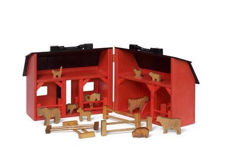 Wooden Toy Barn and Farm Animal Set Wooden Toy Barn, Farm Animal Toys, Toy Playsets, Black Roof, Toy Barn, Wooden Barn, Hay Bales, Best Cleaning Products, Red Barns