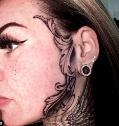 Face Tattoos On Women, Sideburn Tattoo Ideas, Women Face Tattoo Ideas, Subtle Face Tattoos, Side Of Face Tattoo Women, Sideburn Tattoos, Face Tattoo Women, Floral Head Tattoo, Side Face Tattoos For Women