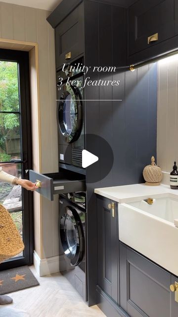 Deb Precious on Instagram: "3 key features in our utility room;

1) The stacked washing machine and drier
2) The pull out drawer for your basket
3) Hanging rail for drying

Just back from our holidays you’ll find me here for the foreseeable! 🧺 

#utility #utilityroom #laundryroom #hacks #washroom #utilityroomdecor #interiorideas #interiør #interior4all #interior123 #interiorinspo #interiorlovers #interiors #inframe #homesweethome #homeideas #homeinspiration #homedesign #homerenovation #houseinspo #renolife #renovations #renovations #rénovation #renovationproject" Utility Room Pulley, Washing Machine Under Stairs, Garage Utility Room Ideas, Laundry Room Drawers, Utility Room With Toilet, Utility Area Ideas, Stacked Laundry Room Ideas Small Spaces, Small Utility Room Ideas, Laundry Rooms Ideas