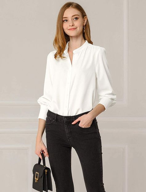 Allegra K Women's Mandarin Collar Office Top Long Sleeve Button Down Shirt at Amazon Women’s Clothing store Mandarin Collar Blouse, Long Sleeve Chiffon Shirt, Office Top, Leg Of Mutton Sleeve, Oversized Button Down Shirt, Women's Button Down Shirt, The Office Shirts, Black And White Shirt, Solid Color Shirt