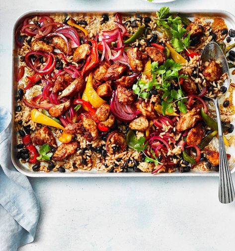 Fajita chicken traybake recipe | Sainsbury`s Magazine Traybake Dinner, Chicken Traybake, Fajita Mix, Fajita Spices, Sainsburys Recipes, Fajita Chicken, Chicken Tray Bake, Tray Bake Recipes, Tray Bake