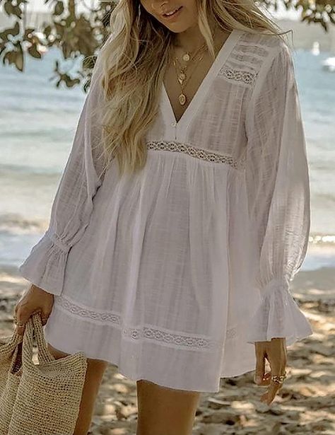 Bsubseach Sheer White Women Beach Bikini Swim Cover Up Loose Beachwear Bathing Suit Coverups Short Sundress, Holiday Skirts, Womens Sheath Dress, Bathing Suit Cover, Bathing Suit Cover Up, Short Mini Dress, Lace Ruffle, Floral Mini Dress, Long Sleeve Cardigan