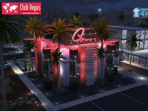 Club Vegas is the most popular nightclub in Oasis Springs! Everyone is in there all night! If you want to join this adventure with your sim, you should get it now and be ready to long nights!... Nightclubs Exterior, Night Club Exterior Design, Night Club Architecture, Strip Club Exterior, Night Club Building, Sims Nightclub, Sims 4 Night Club, Night Club Exterior, Club Sims 4