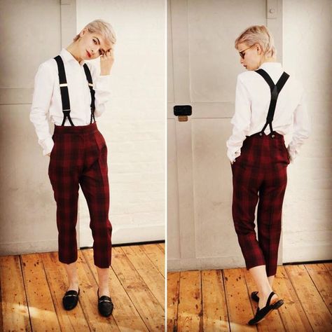 Plaid pants with braces by Threadgold London Masc Women Outfits, Suspenders Outfits, Women Suspenders, Pants With Suspenders, Hoco Ideas, Masc Women, Tartan Pants, Suspenders For Women, Suspender Pants