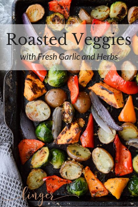 These Oven Roasted Vegetables with Garlic and Herbs are healthy and brimming with vibrant colors. The dish has an array of flavors and textures along with nutrients that will boost your overall health. This recipe includes potatoes, red peppers, sweet potatoes, Brussel sprouts,  red onion butternut squash. #vegetablesidedish #potatoes #veggies #vegetables #healthy Sweet Potatoes Brussel Sprouts, Potatoes Brussel Sprouts, Potatoes Vegetables, Roasted Vegetables Oven, Comfort Food Chicken, Roasted Vegetable Recipes, Roasted Brussel, Vegetables Recipes, Roasted Vegetable