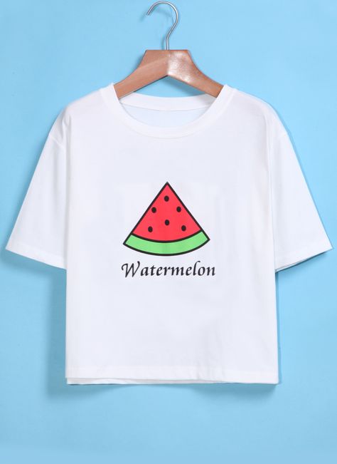 White Short Sleeve Watermelon Print T-Shirt 7.99 Print On T Shirt, White Short Sleeve Shirt, Watermelon Print, Latest T Shirt, White Short, Aesthetic Fashion, Sleeve Cotton, Melon, Short Sleeve Shirt