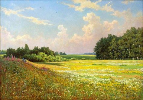 Boris Olshansky. Landscape 1. nd Dyi Painting, Russian Painting, Impressionist Landscape, Landscape Art Painting, Country Landscaping, 수채화 그림, Rural Landscape, Vintage Landscape, Landscape Illustration