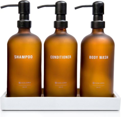 Amazon.com: Modern Shampoo and Conditioner Bottles - Body Wash, Shampoo and Conditioner Dispenser - Set of 3, 16 oz Frosted Amber Glass Refillable Shower Soap Bottles, Concrete Tray - Bathroom Essentials : Home & Kitchen Refillable Shampoo Bottles, Shampoo And Conditioner Dispenser, Shampoo And Conditioner Bottles, Shower Soap Dispenser, Bottle Tray, Guest Bathroom Decor, Concrete Tray, Shampoo Dispenser, Shampoo Bottles