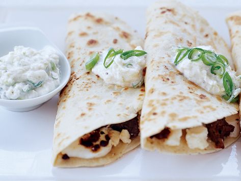 Lamb and Two-Cheese Quesadillas | Food & Wine goes way beyond mere eating and drinking. We're on a mission to find the most exciting places, new experiences, emerging trends and sensations. Ground Lamb Recipes, Cheese Quesadilla Recipe, Mint Yogurt Sauce, Cucumber Yogurt Sauce, Cumin Lamb, Cheese Quesadillas, Lamb Gyros, Lamb Ragu, Lamb Steaks