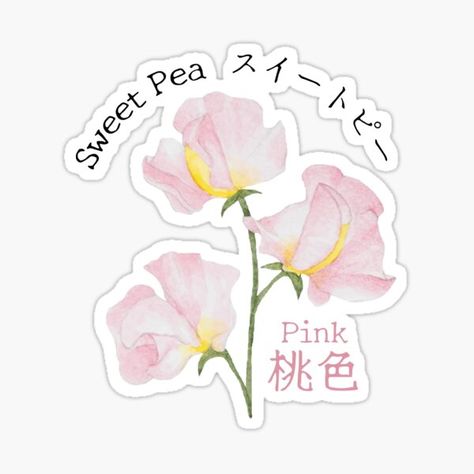 pink sweet pea flower sticker design with japanese words for sweet pea Sweet Pea Birth Flower, Sweet Pea Flower, April Birth Flower, Sweet Pea Flowers, April Flowers, Japanese Typography, Born In April, Flower Stickers, Stickers Aesthetic