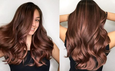 Rose Gold Balayage Brunettes, Brunette Rose Gold, Purple Hair Color Ombre, Rose Hair Color, Rose Gold Hair Brunette, Wine Hair, Beautiful Bridal Hair, Red Hair Don't Care, Brunette Hair With Highlights