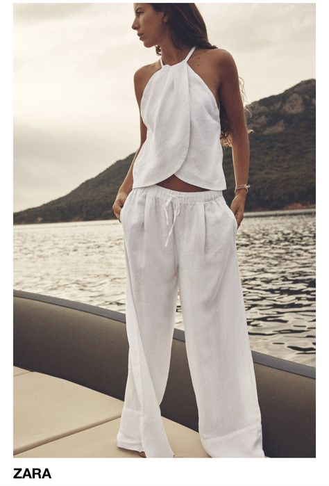 White Linen Trousers, Zara Summer, Linen Top Women, Trouser Outfit, Linen Pajamas, Linen Crop Top, Palazzo Trousers, White Linen Pants, Top Halter