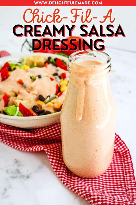 EASY Chick Fil A Creamy Salsa Dressing Recipe | Delightful E Made Creamy Salsa Recipe, Creamy Salsa Dressing, Salsa Dressing, Salmon Tacos Recipe, Chick Fil A Recipe, Bbq Sauce Homemade Easy, Salsa Salad, Healthy Breakfast Meal Prep, Creamy Salsa