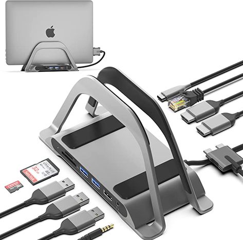 Laptop Docking Station Setup, Macbook Pro Desk Setup, Macbook Pro Setup, Vertical Monitor, Macbook Stand, Laptop Docking Stations, Mac Setup, Mac 10, Computer Gadgets