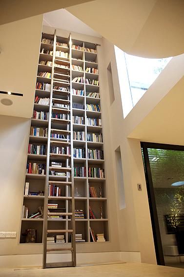 Big Bookshelves, Bookshelf With Ladder, Romance Room, Dream House Library, Stair Bookshelf, Home Library Design Ideas, Dream Home Library, Cozy Home Library, Dvd Shelves