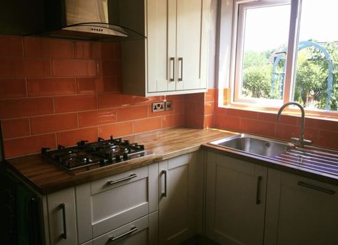 Orange Tile Kitchen, Sport Architecture, Orange Tile, Flowers Funny, Kitchen Design Small Space, Navy Kitchen, Kitchen Larder, Orange Tiles, Kitchen Design With Island