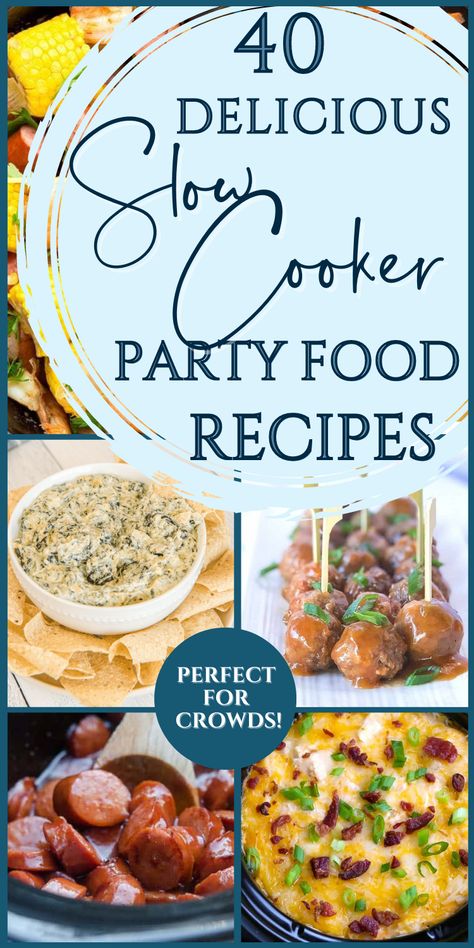 If you're looking for easy slow cooker recipes for a crowd, check these out! Here are appetizers and finger foods you can make in your Crockpot and serve with ease! You'll love every one of these crockpot party food recipes - and so will everyone else! Crockpot Dinner For A Crowd Parties, Cookout Crockpot Recipes, Crockpot Cookout Food, Crockpot Feed A Crowd, Crock Pot Carry In Ideas, Bridal Shower Crockpot Food, Slow Cooker Recipe For A Crowd, Fall Party Food For A Crowd Crock Pot, Large Party Food Ideas Feeding A Crowd Appetizers