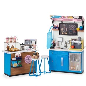 American Girl Coffee Shop | American Girl Wiki | Fandom Coffee Bean Bags, Blue Cafe, Drink Carrier, Cafe Sign, Doll Food, Cash Register, Milk Carton, Doll Sets, Doll Furniture