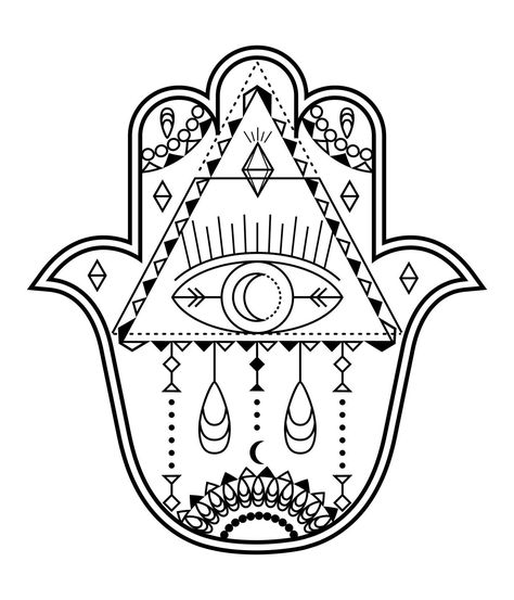 Hamsa hand vector with mystical, esoteric symbols like pyramid, evil eye. Indian color page, tattoo, henna illustration. Wicca, astrological, occult art. Henna Illustration, Page Tattoo, Esoteric Symbols, Tattoo Henna, Indian Colours, Occult Art, Hamsa Hand, Tattoos And Piercings, Pyramid