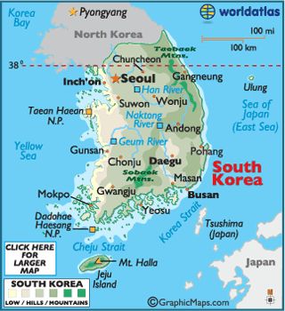 South Korea occupies the southern half of the Korean Peninsula, which extends southward from the Asian continent, and in the last century much has happened on this volatile land projection.... Korea Map, Mokpo, Yeosu, Andong, Chuncheon, World Thinking Day, Physical Map, Asia Map, Geography Map