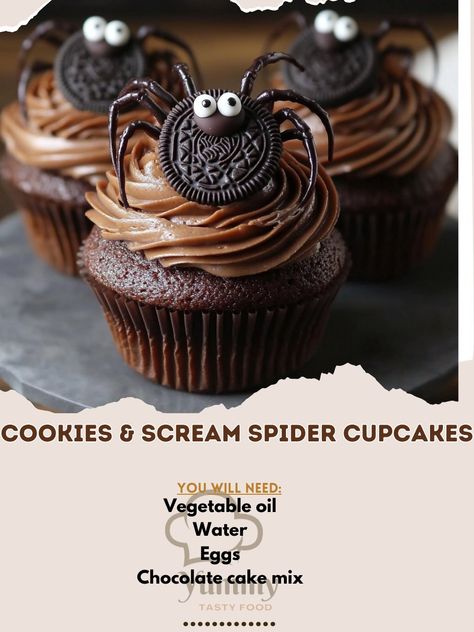 🕷️🧁 Create spooky fun with Cookies & Scream Spider Cupcakes! These festive treats are perfect for Halloween parties! Cookies & Scream Spider Cupcakes Ingredients: Chocolate cake mix (1 box) Eggs (3) Water (1 cup) Vegetable oil (1/2 cup) Chocolate frosting (1 container) Oreo cookies (1 package) Gummy worms (for decoration) Candy eyes (for decoration) Instructions: Preheat the oven to 350°F (175°C) and line a cupcake pan with liners. In a bowl, combine cake mix, eggs, water, and vegetable o... Combine Cake, Spider Cupcakes, Cozy Fall Recipes, Candy Eyes, Gummy Worms, Festive Drinks, Cupcake Pan, Chocolate Cake Mixes, Festive Treats