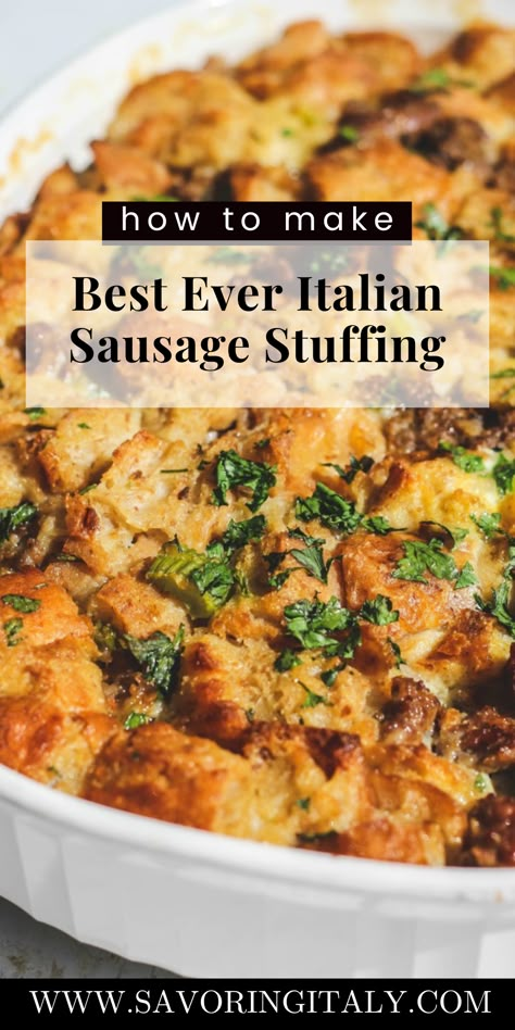 This is truly the Best Ever Italian Sausage Stuffing recipe. It is my mom’s decades old recipe that has been on our table every Thanksgiving. The stuffing includes sausage, onion, celery and fresh herbs. We love the crunchy top and the soft and buttery middle. A truly delicious and really easy stuffing to make for the holidays! A tried and true family favorite stuffing recipe! Sausage Stuffing Recipe Thanksgiving, Sausage Sage Stuffing, Sausage Stuffing Thanksgiving, Italian Sausage Stuffing, Italian Thanksgiving, Homemade Stuffing Recipes, Best Stuffing Recipe, Turkey Stuffing Recipes, Sausage Stuffing Recipe