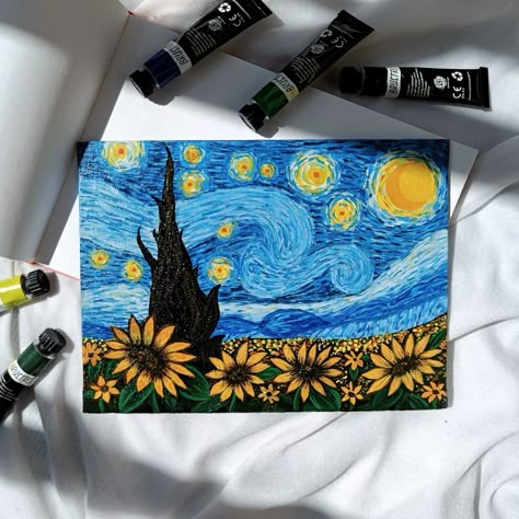 Starry Night X Sunflower, Starry Night Easy, Pen Art Work, Prismacolor Art, Starry Night Painting, Arte Van Gogh, Anime Drawing Books, Starry Nights, The Starry Night