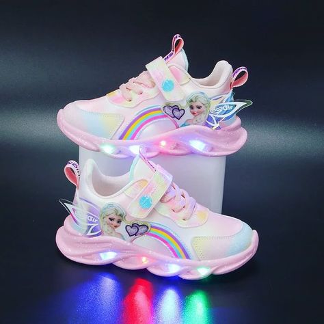 Check out our super affordable mesh breathable children’s sports shoes/sneakers🩰 Selling out fast! Buy now! 👇 https://littlebirdclothing.org/products/disney-girls-casual-shoes-led-lights-mesh-breathable-childrens-sports-princess-elsa-pink-purple-shoes-sneakers-size-22-37 Disney Slippers, Disney Sneakers, Light Up Sneakers, Led Shoes, Light Up Shoes, Rain Shoes, Lit Shoes, Frozen Elsa, Shoe Insoles