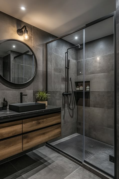 Bathroom Ideas Black Details, Modern Bathroom Design Black And Wood, Black Finish Bathroom, Soft Industrial Bathroom, Matte Black Accents, Bathroom Ideas Aesthetic Minimalist, Small Male Bathroom Ideas, Modern Home Bathroom Design, Black Detail Bathroom