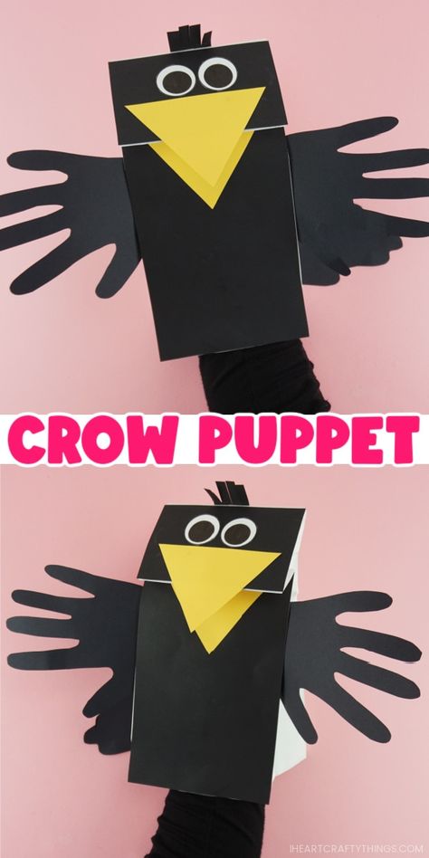 Crow Puppet, Crow Craft, October Preschool, Free Craft Templates, Bird Puppet, Animal Masks For Kids, Kids Food Crafts, Bag Puppet, Puppet Craft