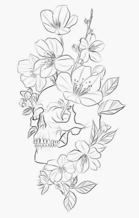 Line Art Skull Tattoo, Flowers And Skulls Tattoos, Skulls And Flowers Tattoos, Skull Flower Tattoo Design, Skull Flowers Drawing, Skull And Flower Tattoo Drawing, Skull And Flower Drawing, Thigh Tattoo Stencil, Skull Tattoo Stencils Outline