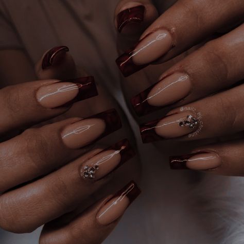 Cute Dark Red Nail Designs, Long Almond Burgundy Nails, Dark Feminine Aesthetic Nails, Nails With Burgundy Dress, Nails Acrylic Red French Tip, Nail Designs Red And Black, Nail Inspo For Dark Skin, Nails Acrylic Dark, Burgundy French Tip Nails