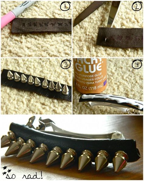 DIY ✂ Leather and Spiked Barrette - Paperblog Diy Barrettes, Diy Hair Clips, Punk Fashion Diy, Hair Accessories Diy, Fascinator Hair, Tutorial Hair, Clothing Crafts, Hair Clips Diy, Diy Hair Accessories