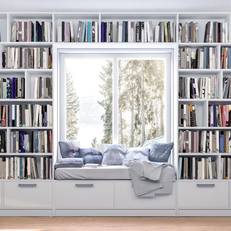 2021 Home Decor Trends, Small Home Library, Cozy Home Library, Home Library Rooms, Window Seat Design, Latest Interior Design Trends, Small Home Offices, Interior Design Per La Casa, Home Library Design