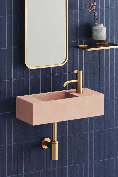 Using colour in cloakrooms & powder rooms, can make a big impact as seen with this striking blue bathroom that exudes elegance & charm. The deep blue tiles, extending from the floor to the ceiling, are paired with our Fox basin in Blush to create a stunning visual contrast. Take a look at our blog for more inspiration on small bathroom spaces.⁠ ⁠ Featuring our Fox basin in Blush⁠ | Bathroom design | Home styling | Elegance ⁠ Small Cloakroom Basin, Corner Basin, Small Basin, Wall Mounted Taps, Cloakroom Basin, Concrete Sink, Concrete Basin, Corner Sink, Vanity Area