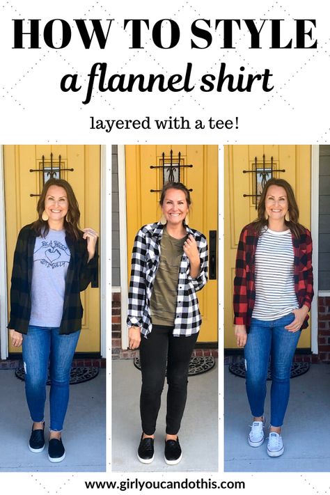 Who loves flannels?!? I do! I do! 🙋   Check out this post on: HOW TO STYLE A FLANNEL SHIRT BY LAYERING IT WITH A TEE.  #girlyoucandothis #girlyoucanwearthis #flannel #plaid #style #fashion #momstyle #momfashion #fallstyle #fallfashion #howtostyle #outfitidea How To Wear Buffalo Plaid Shirt, Style A Plaid Shirt Flannels, How To Wear A Flannel With Leggings, Flannel With Tshirt, What To Wear With Flannel Shirts, How To Style A Flannel With Jeans, Layering Flannel Outfit, Styling A Flannel Shirt, Styling Flannel Shirts Women